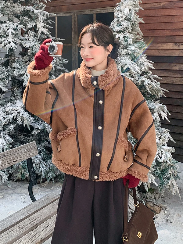 

Warmth Thiened Lamb Fur Jaet Women's ort Sle Casual Loose Fit Coffee Color Leather And Fur Inteated Autumn Winter N...