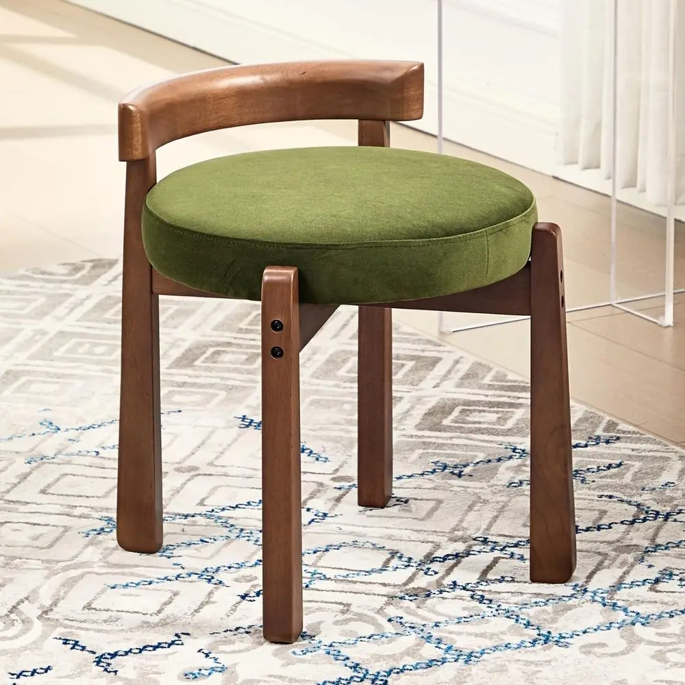 

Wood Vanity Chair with Back, Velvet Upholstered Small Ottoman Footstool, MidCentury Modern Makeup Chair with Solid Wood Legs fo