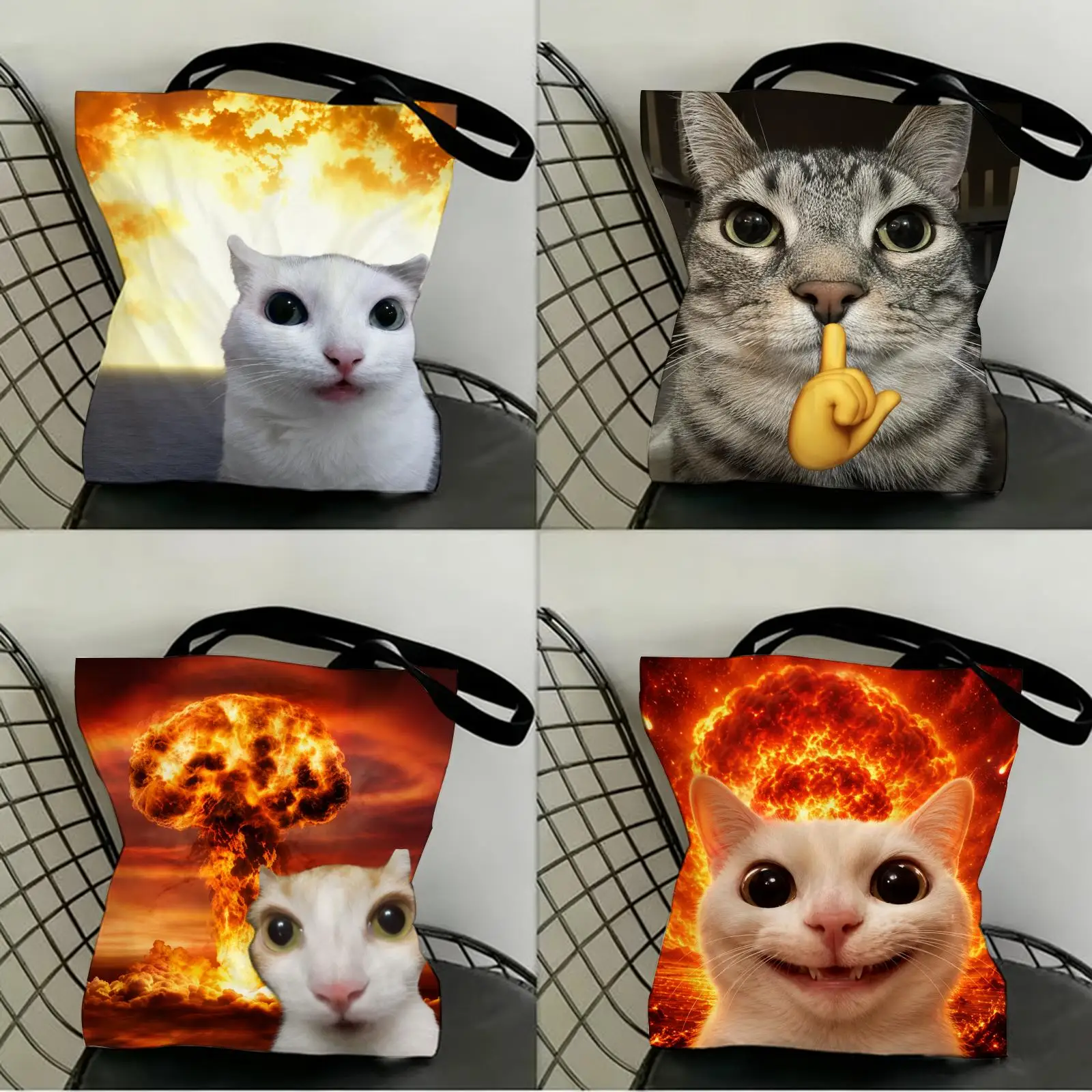 

Cat Emoji Funny Storage Bags Canvas Double-Sided Print Women Large Tote Bag Durable Beach Picnic Foldable Gift Eco