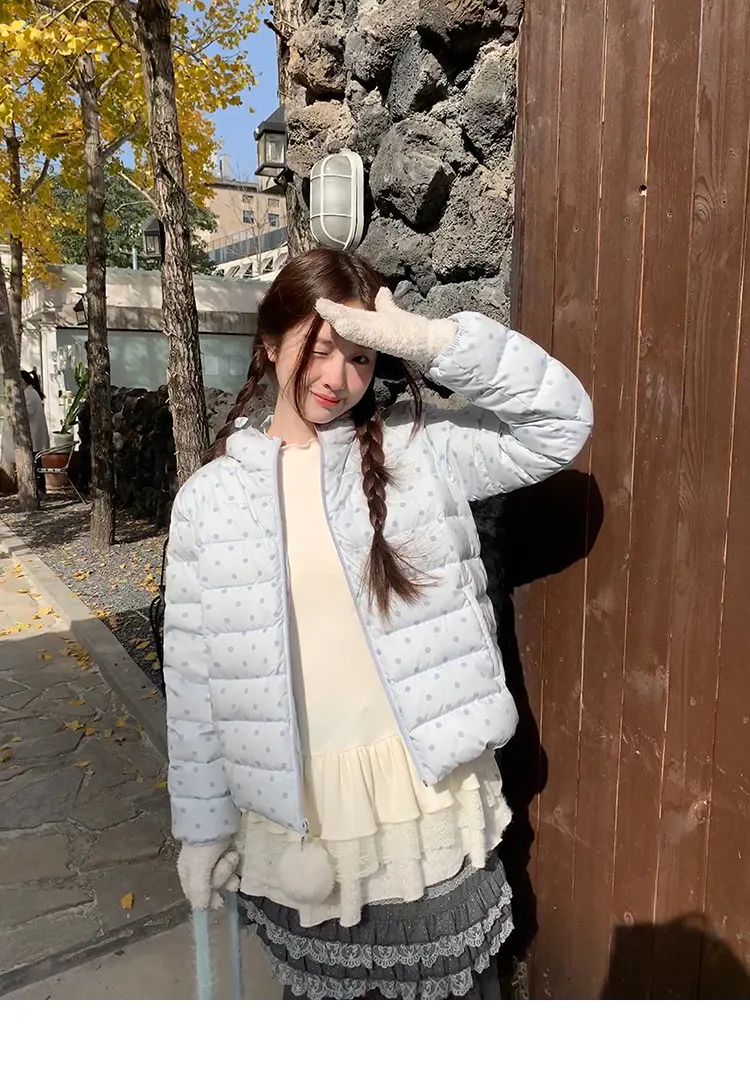 Korean Cropped Polka Dot Hooded Cotton-padded Jacket Women Zip Up Casual Winter Warm Outerwear Woman Sweet Cute Puffer Jackets