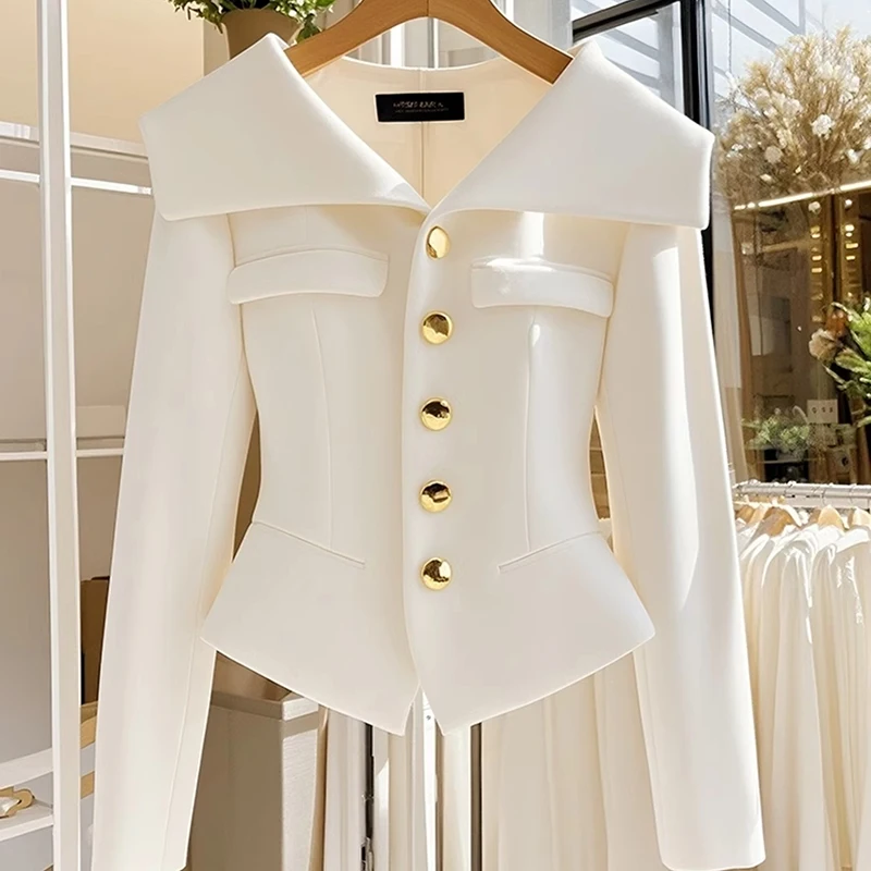 2025 Autumn Women\'s White Coat Waist Long Sleeve Slim Chic Short Outwear High-End Solid Color Top Clothing Office Jackets Ladies