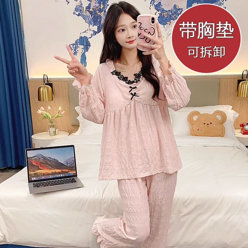 2024 Autumn Long Sleeve Sexy Lace V-neck Cotton Pajama Sets for Women Korean Sleepwear Pyjama Homewear Pijama Mujer Home Clothes