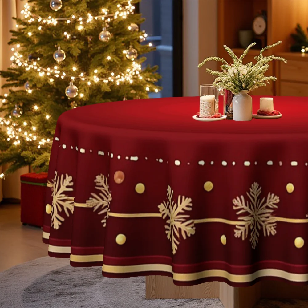 1 tablecloth, Christmas, festive red round tablecloth with gold snowflake and polka dot pattern