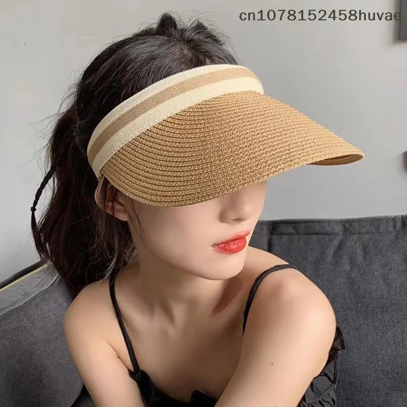 Neuer Sommer-Raffia-Strohhut mit Sonnenschutz, offener Strohhut, gestreift, vielseitig, UV-Schutz, lässige Baseballkappe für Damen