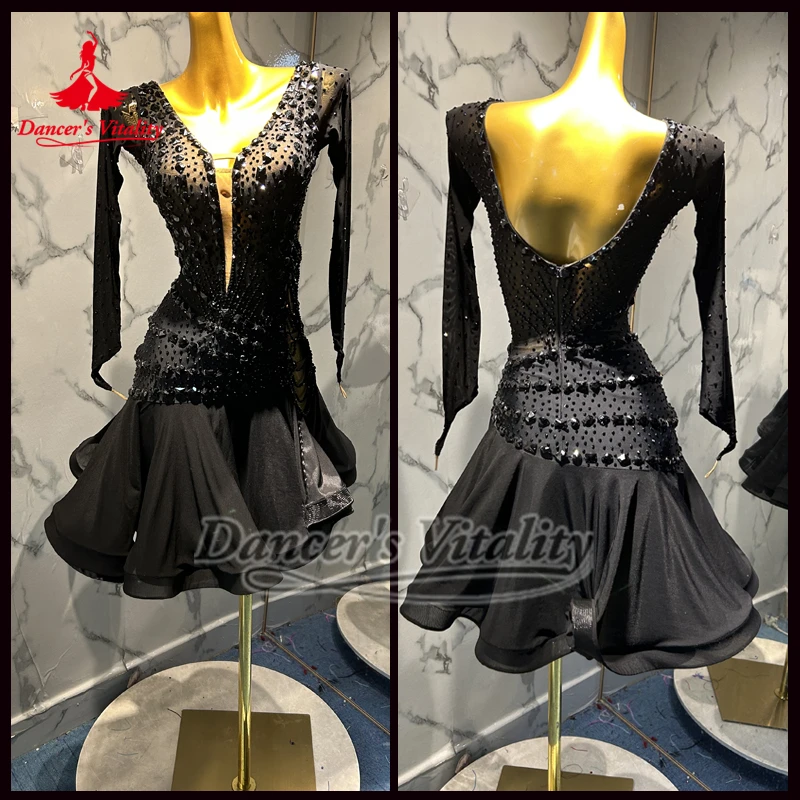 

Черные AB Stones V-образные платья для румбы и самбы сзади для женщин, жизненный наряд танцовщицы для взрослых, латинский профессиональный конкурсный наряд по индивидуальному заказу