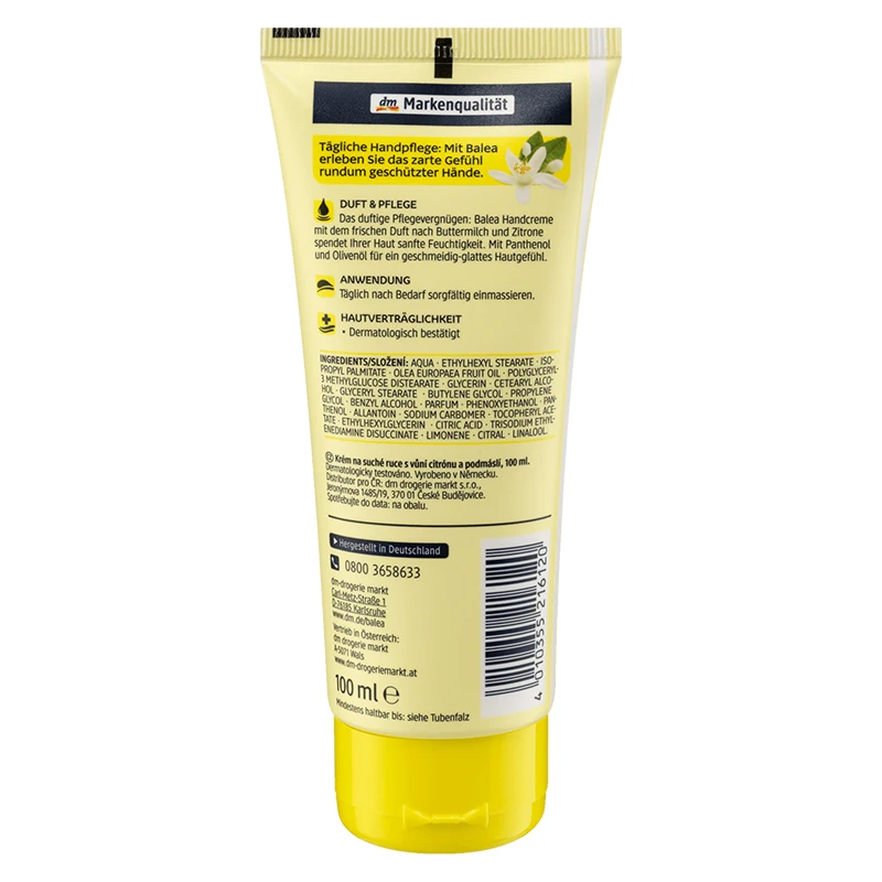 Balea Krem do rąk z mleczkiem i cytryną dla bardzo suchej skóry, redukuje suchość, łagodzi, odżywia, intensywna nawilżenie, nawilżający 24-godzinny krem.