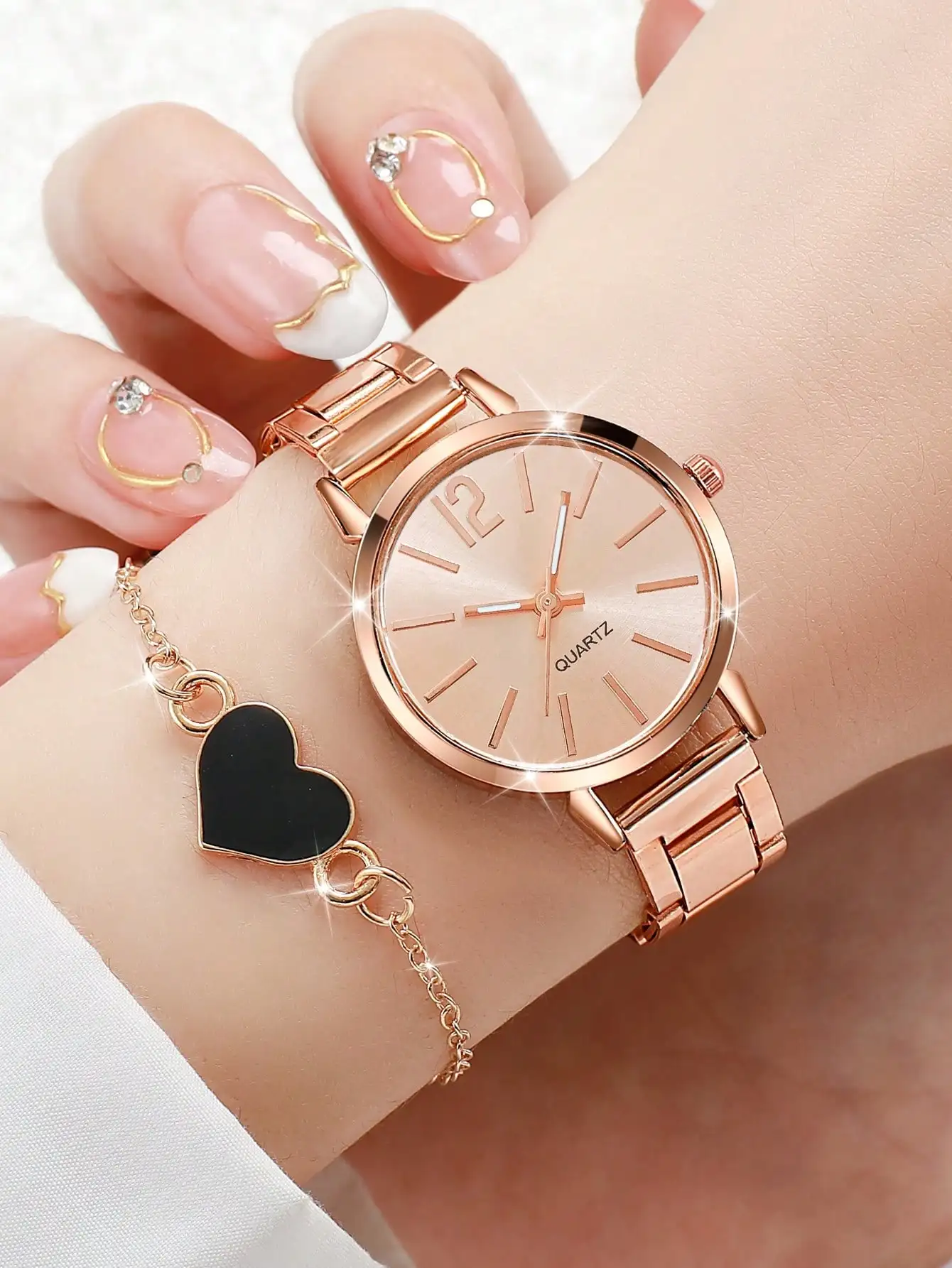 1 stylish and trendy women's stainless steel strap quartz watch with 1 love bracelet suitable for daily decoration