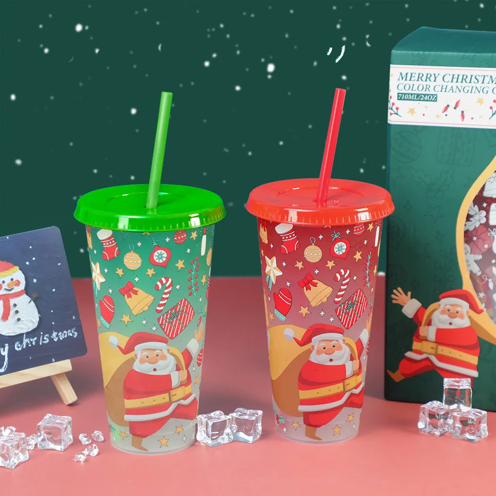 

Plastic Cold Coffee Straw Cup Reusable Magical Plastic Cold with Lid Water Changing Cup for Christmas Halloween Drinks PP Mug