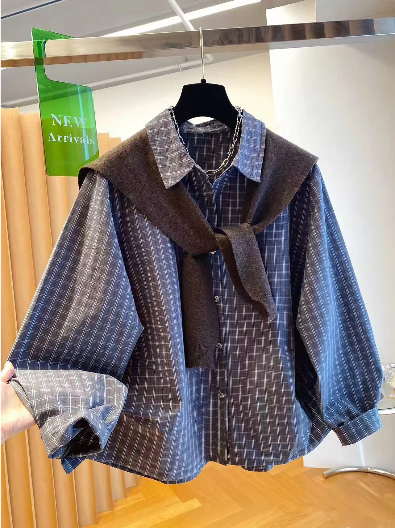 Retro Lazy Plaid Shirt Knitted Shawl Two-Piece Set Women Loose Slimming Fashionable Autumn Casual Breathable Cotton Long Slee...