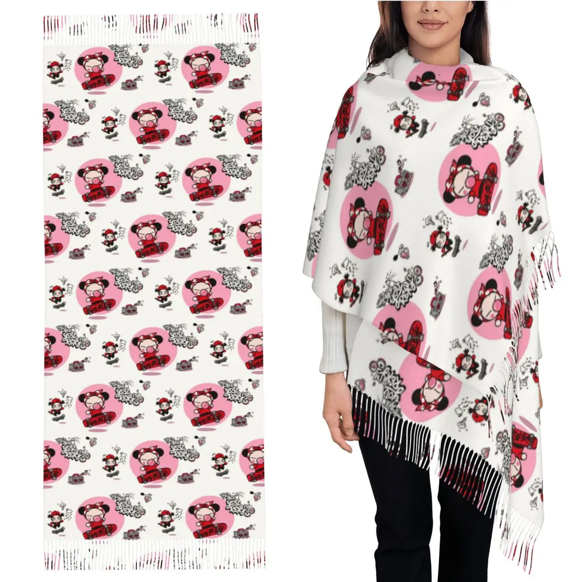 

Шарф Pucca с героями мультфильмов, шарфы с кисточками, женские мягкие теплые шали и накидки, большая осенне-зимняя шаль