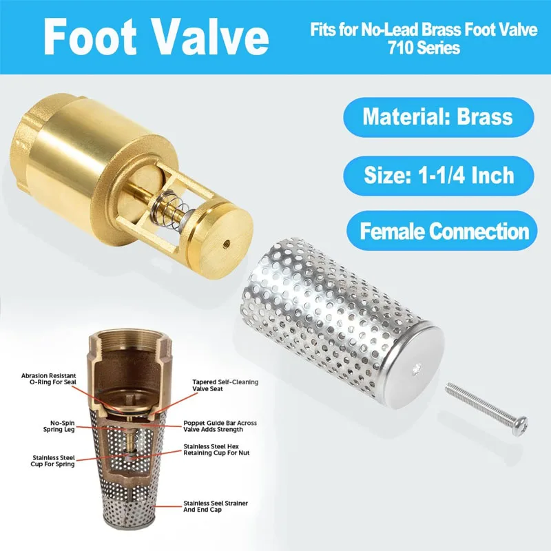 1-1/4 Inch Foot Valve Female Connection Constructed with No Lead Brass Body Works with All Brands of Pumps,  Strainer Filters