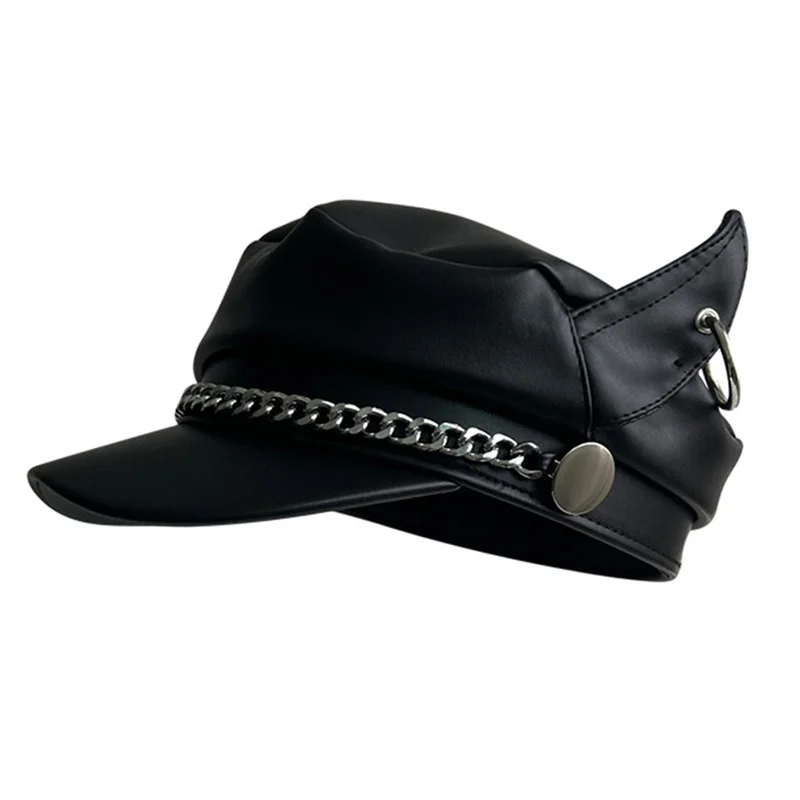 Trendige Elfenohren-Baskenmütze für Damen, schwarzes Pu-Leder, flache Oberseite, Kapitän, Militärkappen, Damen, Outdoor, einfarbig, Streetwear, Marineblau