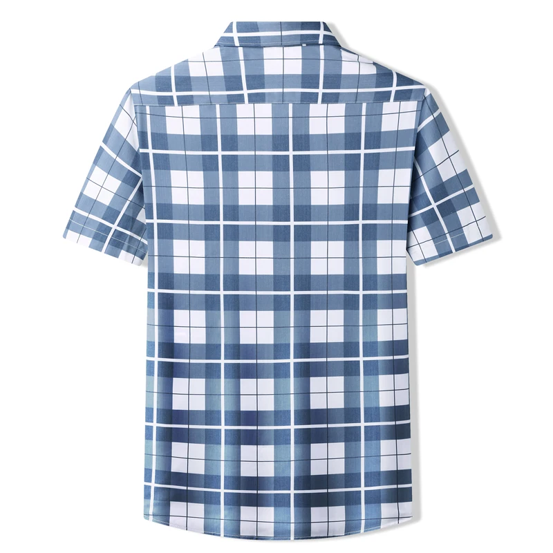 2026 New Men's Blue Plaid Short-sleeved Shirt, Loose-fitting Slightly Stretchy Shirts, Large-sized Shirt for Overweight Men