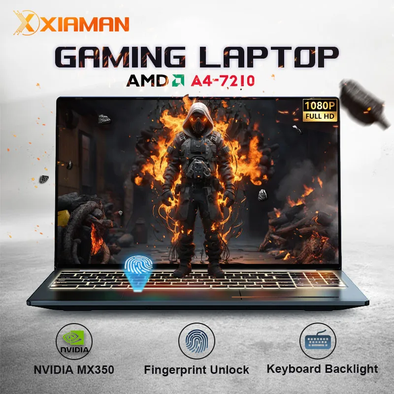 Xiaman 15.6" Windows 11 Laptop Computer AMD A4-7210 MX350 Notebook PC Portable IPS Display Fingerprint Backlit Gaming Laptops