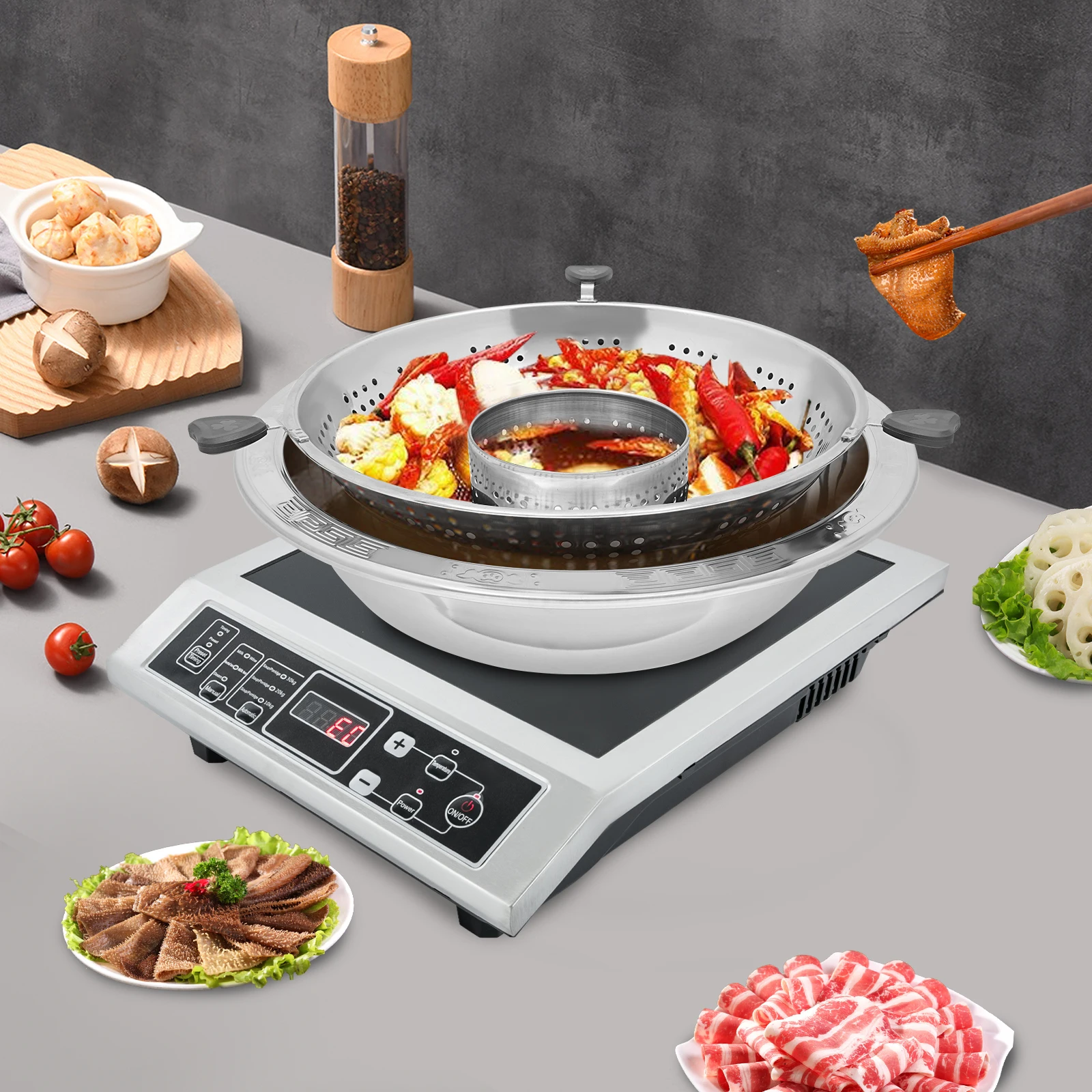 Rotary Hot Pot with Divider Chinese-style Lifting Hot Pot Stainless Steel Chafing Dish Fast Heating 42.5*11cm