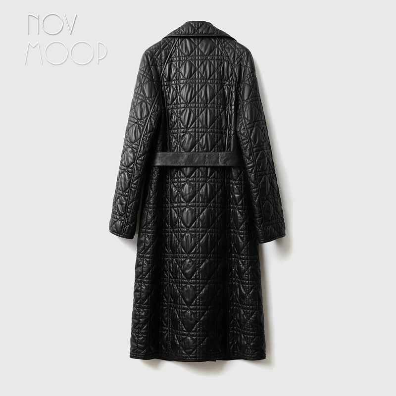 Novmoop luxurious sheepskin genuine leather quilted women long coat solid black formal chic top grade winter overcoat LT3582