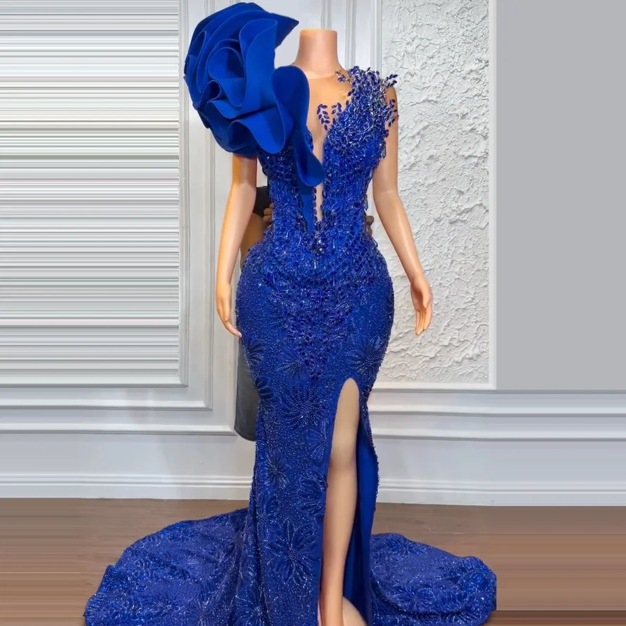 Royal Blue Ruffle Beaded Evening Dress Sexy High Slit Mermaid Dress V Neck Sleeveless Party Dress 2026 High-End Bespoke Dress
