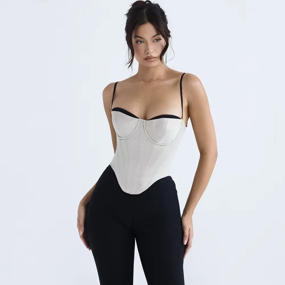 

Sexy Thick Satin Bustier Corset Crop Top with Chest Pads, Spaghetti Strap White Bodycon Top, Summer Women Tops with Fishbone