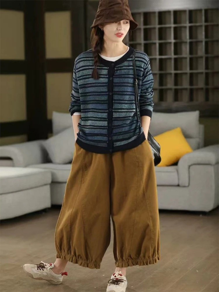 Amax LuluE Herbstmode Harajuku Strickwaren Damen Vintage Lose Gestreifte Pullover Damen Klassisch Freizeit Elegante Baumwollstrickjacken