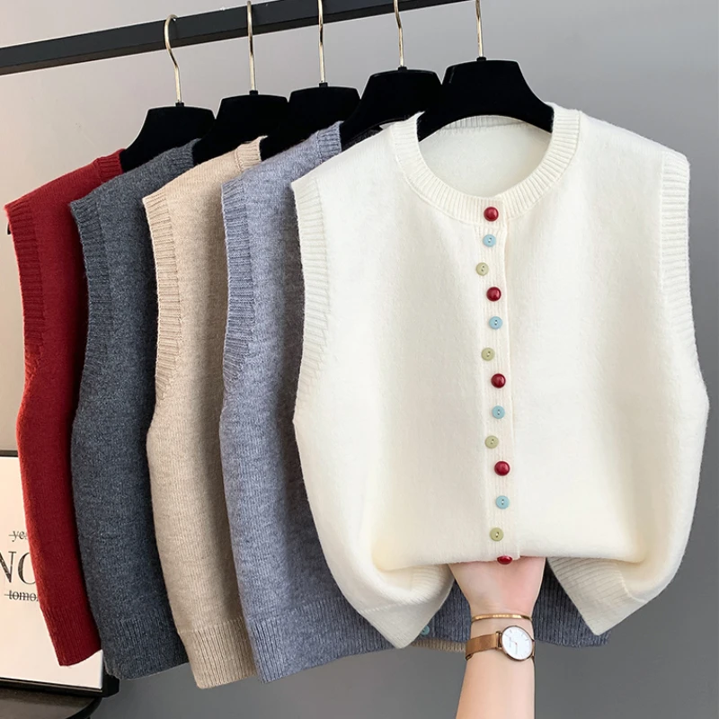

Осень 2026, женский минималистичный жилет, свитер, свободный однотонный вязаный кардиган без рукавов с круглым вырезом, разноцветные пуговицы, верхняя одежда, жилет