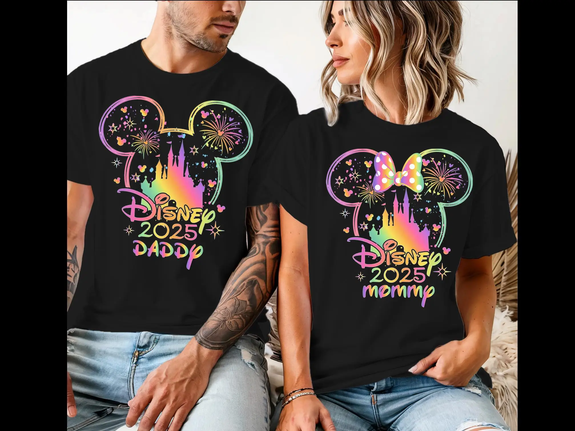 

Футболка оверсайз для пар 2026 Rainbow Disney, 100% хлопок, с неоновым принтом Микки и Минни, головы и фейерверки, унисекс