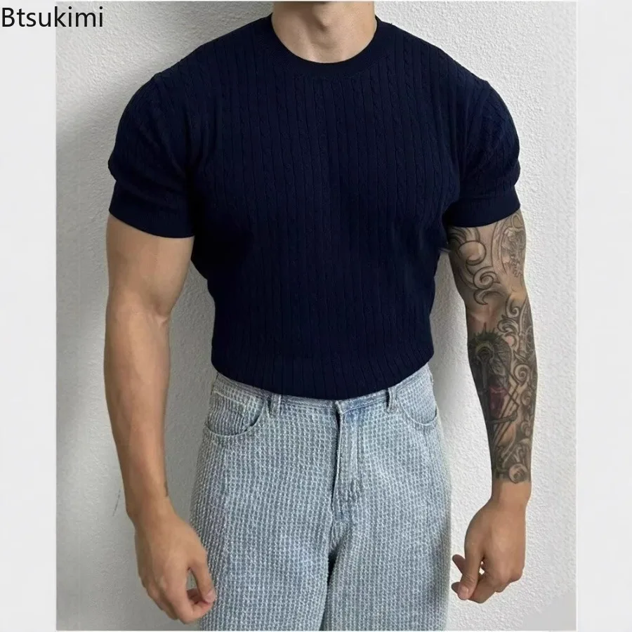 

2025 Summer Solid color Thin Twist Pattern Short Sleeve Crew Neck Knitted Sweater Mens Loose Trend Versatile Elastic T-shirt