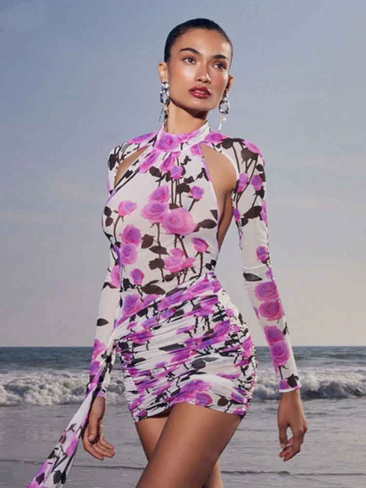 O pescoço sem costas mangas compridas cortar floral impresso vestido curto ruched impresso drapeado fino elegante vestidos de festa à noite