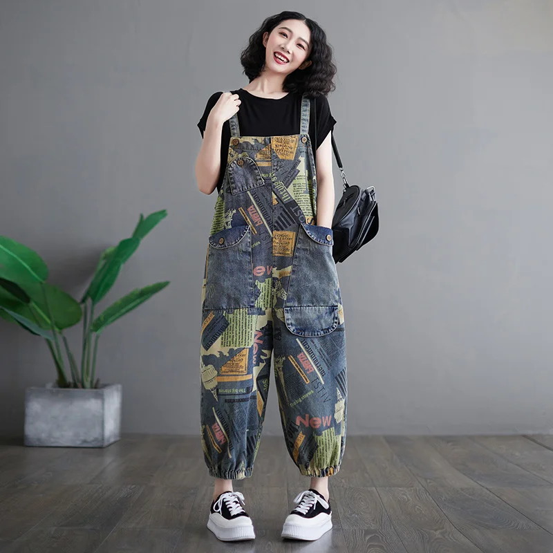 #2356 Spring Full Letters Printed Jeans Jumpsuits Women Big Pockets Loose Vintage Denim Jumpsuits Rompers Womens Retro Overalls