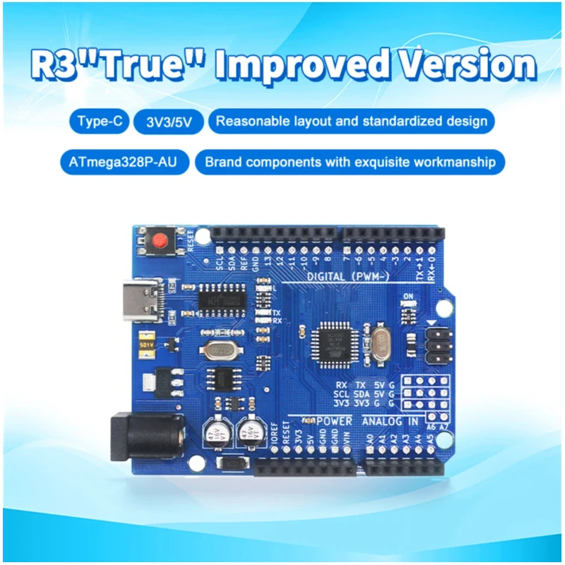 USB/TYPE C UNO R3 For Arduino Uno R3 Development Board Atmega328P-AU CH340G I2C & UART Breakouts Extra A6/A7 Analog Pins