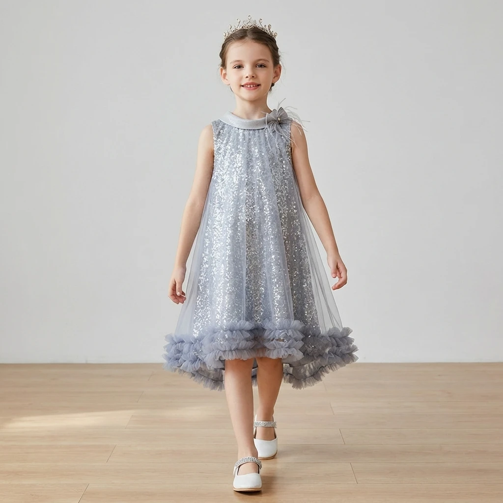 

2026 Sparkly Sequin Girls Party Dress Luxury Grey Blue Mesh Tutu Gown Kids Piano Performance Birthday Princess Vestidos