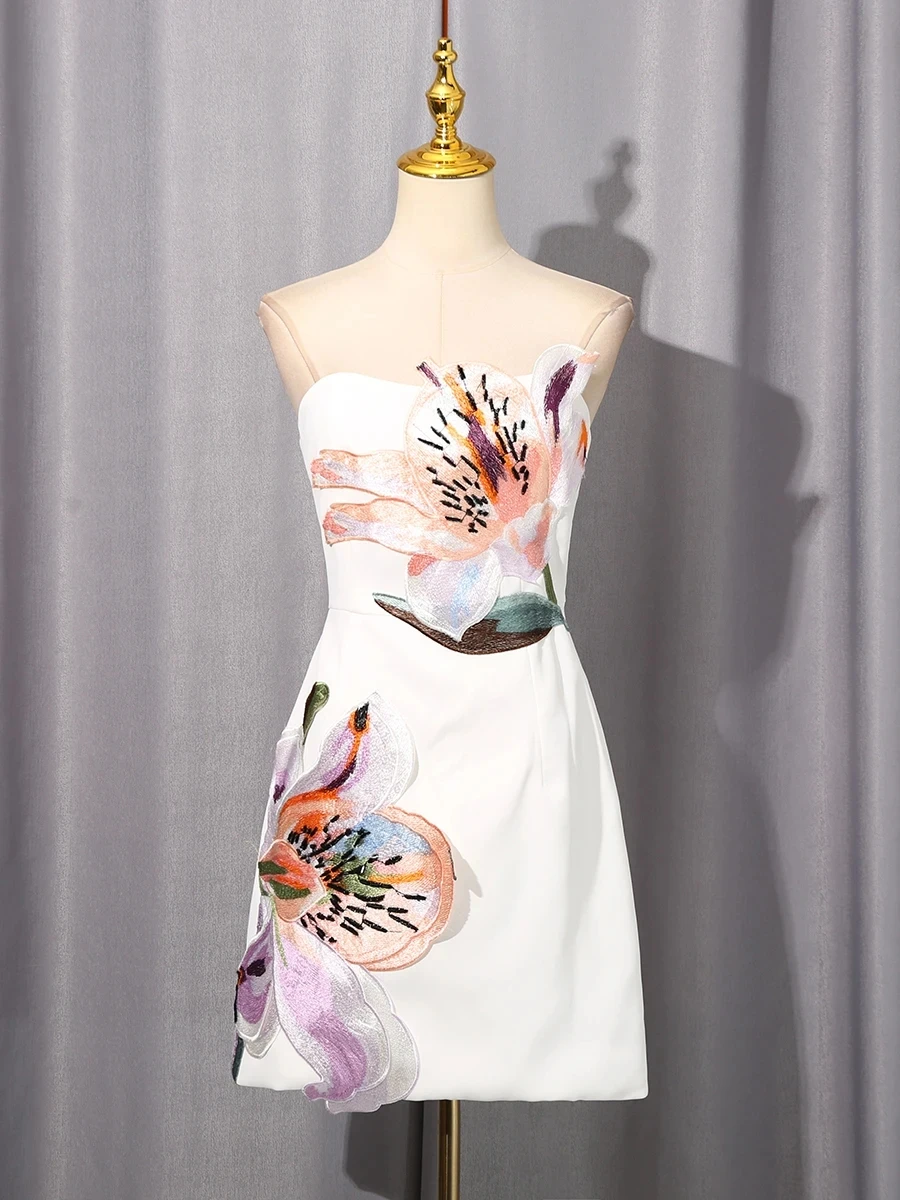 VGH 정장 이브닝 아플리케 디자인 드레스 여성용 스트랩리스 민소매 하이 웨이스트 슬리밍 우아한 미니 드레스 여성 스타일