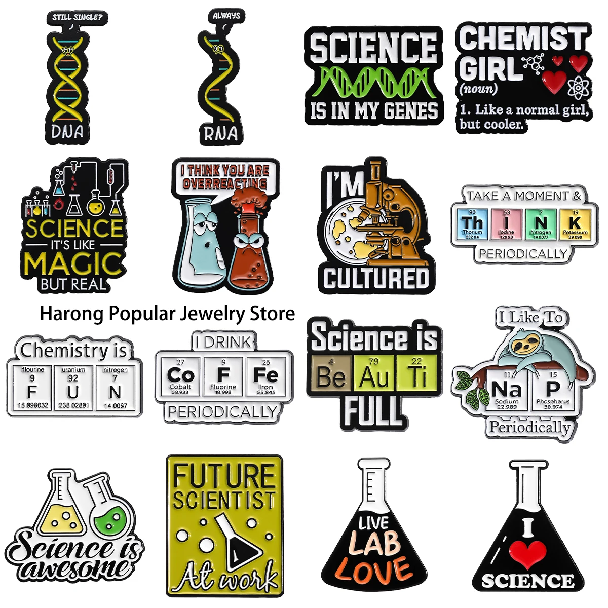 Harong Science Enamel Pins Funny Lab Student Brooch Chemistry Biology Lapel Lanyard Bag Coat Badge Accessories Gifts