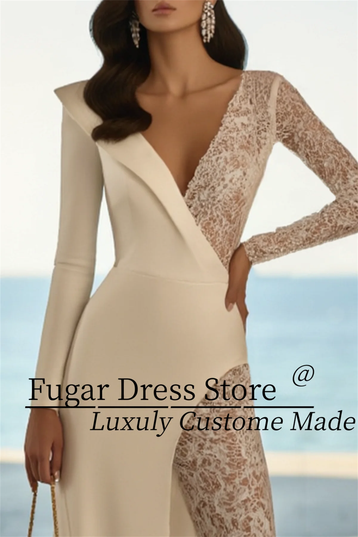 

TIANTIAN Customized Formal Evening Jumpsuit White Deep V Long Sleeve Lace Train Women Party Dress Vestidos de fiesta elegantes