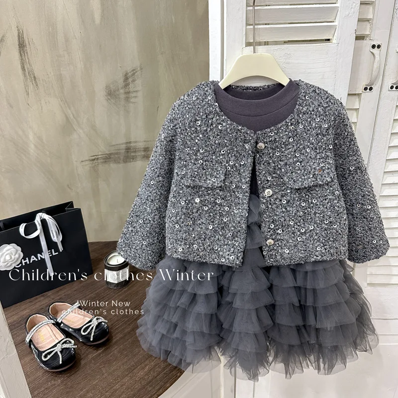 

Girls Suit2025Winter Fashionable Elegant Sequin Two-Piece Set Tweed Quilted Jacket Fleece Lined Dress Trendy
