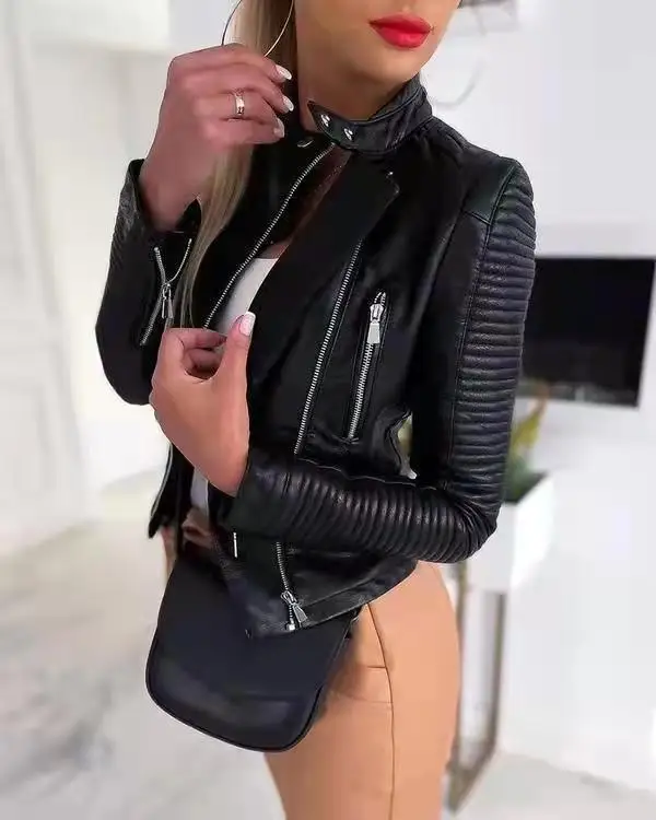 Faionable Casual Pelle Jaet ort Crtsmanip Cappotto da donna Cerniera Colletto alla coreana Lungo Sve Slim Fit Estate Nuovo arrivo
