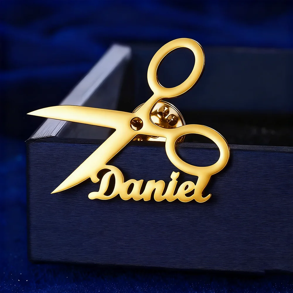 Personalized Stainless Steel Scissors Brooch Pin Men Custom Name Hairdresser Design Clothing Badge Accessories Jewelry Birthday