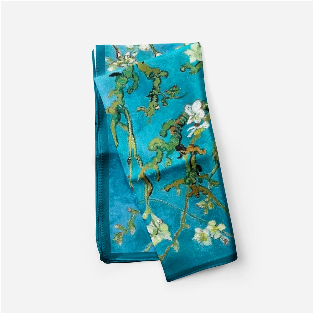 53cm French Summer New Van Gogh Oil Painting Apricot Flower Ladies Temperament Small Square Scarf  Decoration  Twill Kerchief