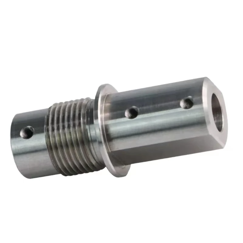 CNC machined stainless steel precision machined hexagonal end sleeve with hole, multi-stage threaded connecting cylinder