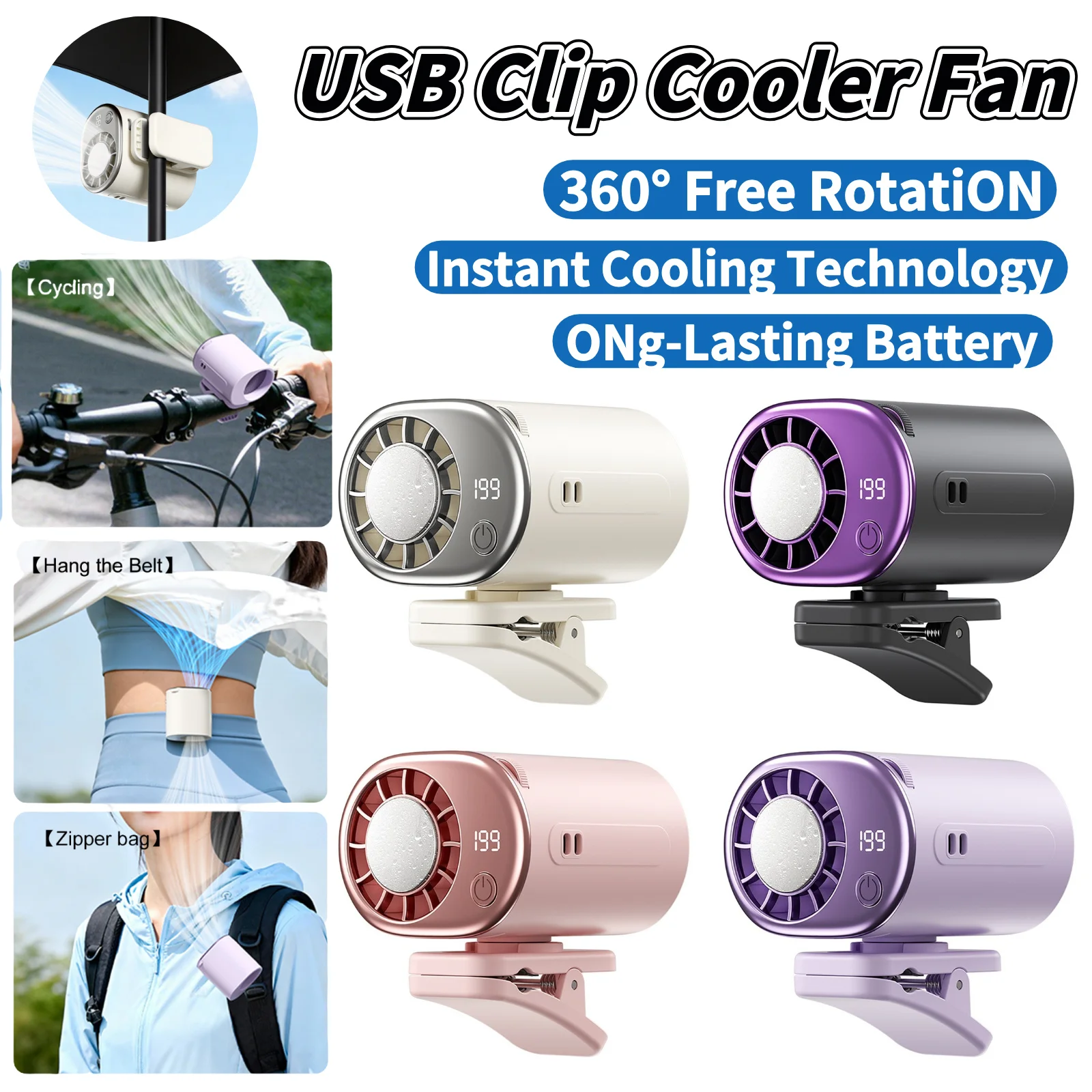 

USB Car Clip Cooler Fan with LED Display Car Clamp Cooler Rotatable Fan 360° Rotation 199 Speeds Adjustable for Any Scenario