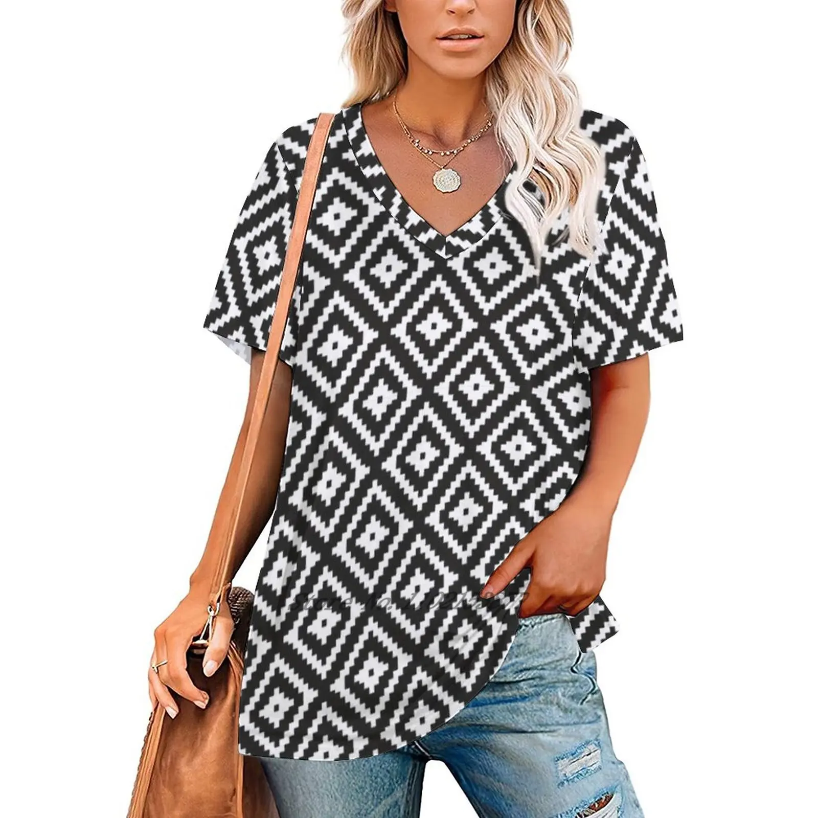 Aztec - White On Black Woman Tshirts Printed Tops Zipper V-Neck Top Fashion Graphic T Shirt Little Arrow Little Arrow Design