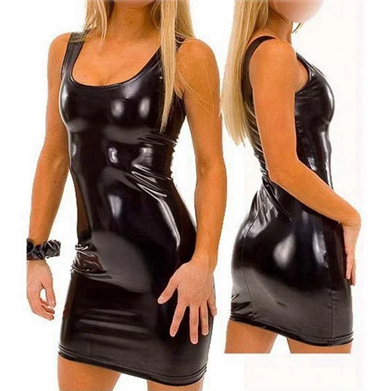 pu faux leather erotic club mini Dress Women wetlook Hot Sexy latex clubwear pvc Lingerie Catsuit shiny dress Pole costumes xxxl