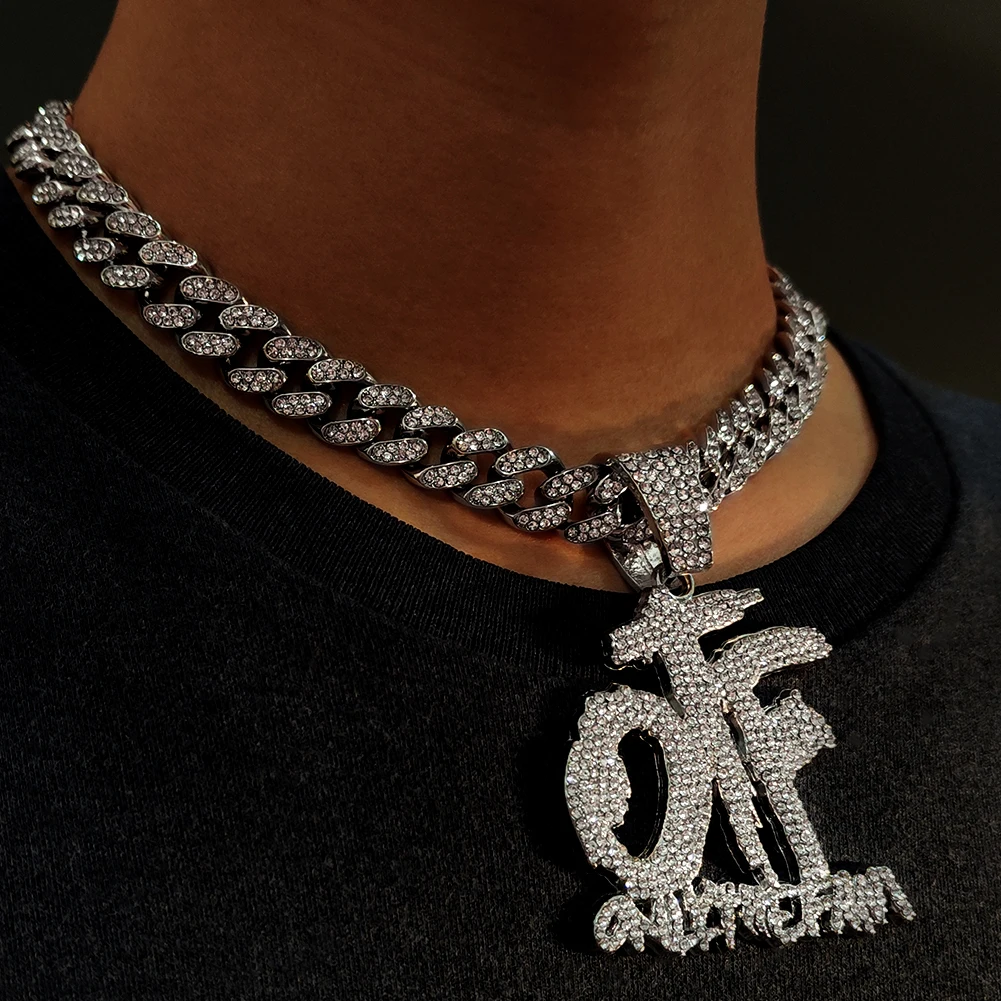 Hip Hop Only The Family OTF Crystal Letter Pendant Necklaces for Women Men Miami Iced Out Cuban Chain Necklace Punk Jewelry Gift