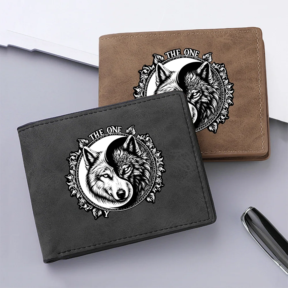 Men's Retro PU Leather Wallet Yin-Yang Dual Wolf Print Short Style Double-Fold Card Holder Credit Card Case