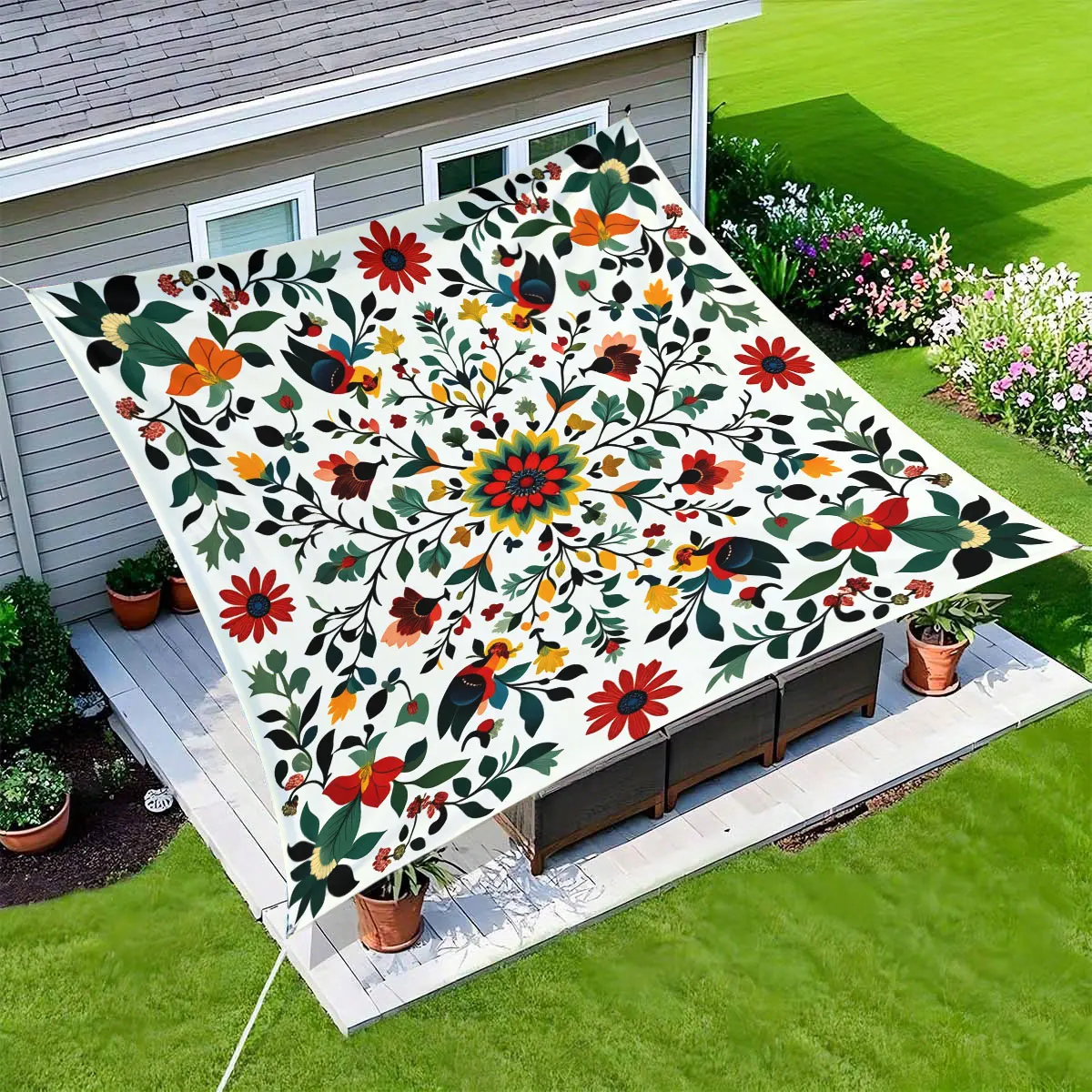 1 Piece Traditional Floral Folk Art Pattern Outdoor Awning and Beach Shade-Vibrant Red/Orange/Yellow/Black Design, Heavy Duty