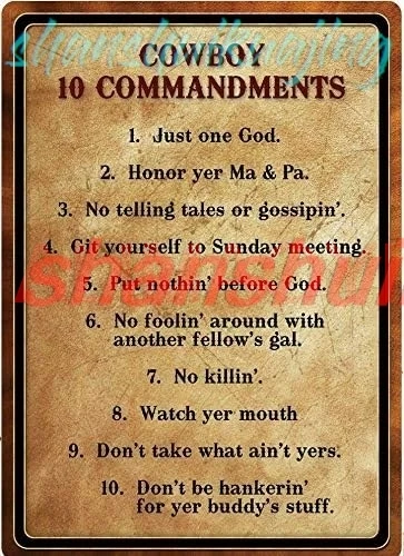 ZMKDLL Cowboy 10 Commandments Metal Sign Country Western Southern Redneck Rules FGDD