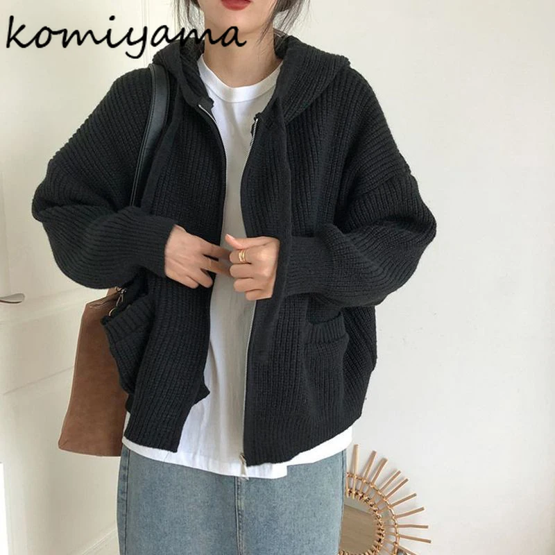 

Свободный кардиган с капюшоном, осень-зима, вязаный свитер 2025 года, карман на молнии, Ropa De Mujer, однотонные кардиганы, утепленная теплая одежда для женщин