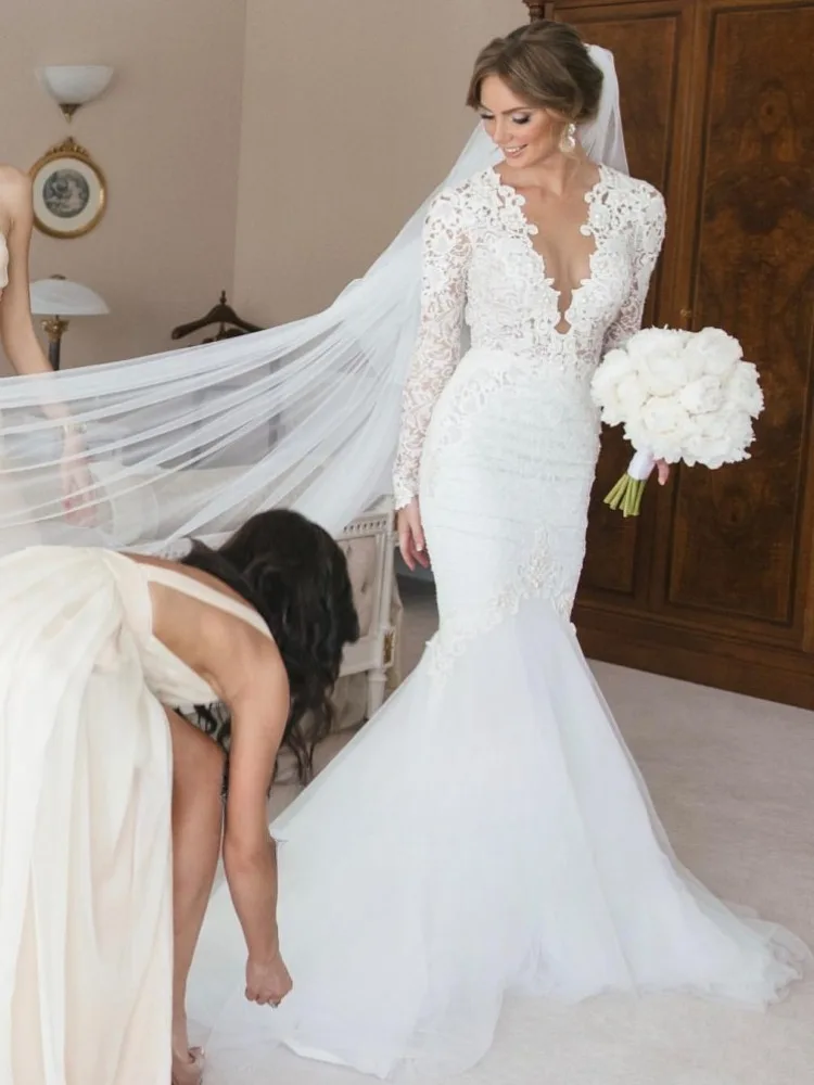 Boho Sheer Deep V-neck Mermaid Wedding Dresses Appliques Long Sleeves Floor Length Arabic Bridal Gown  vestido de novia