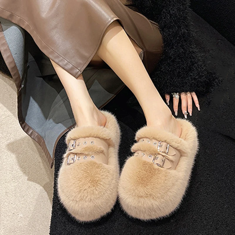 Women Winter Home Thick Sole Slippers Ladies Casual Slip On Fluffy Plush Lined Shoes Comfortable Indoor Home Slippers Size 34-40