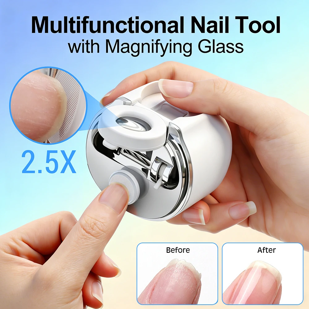 2-in-1 Electric Nail Clipper with Magnifier LED Light Automatic Nail Trimmer Scissors Dual-Blade Opening 3 Speeds Rechargeable