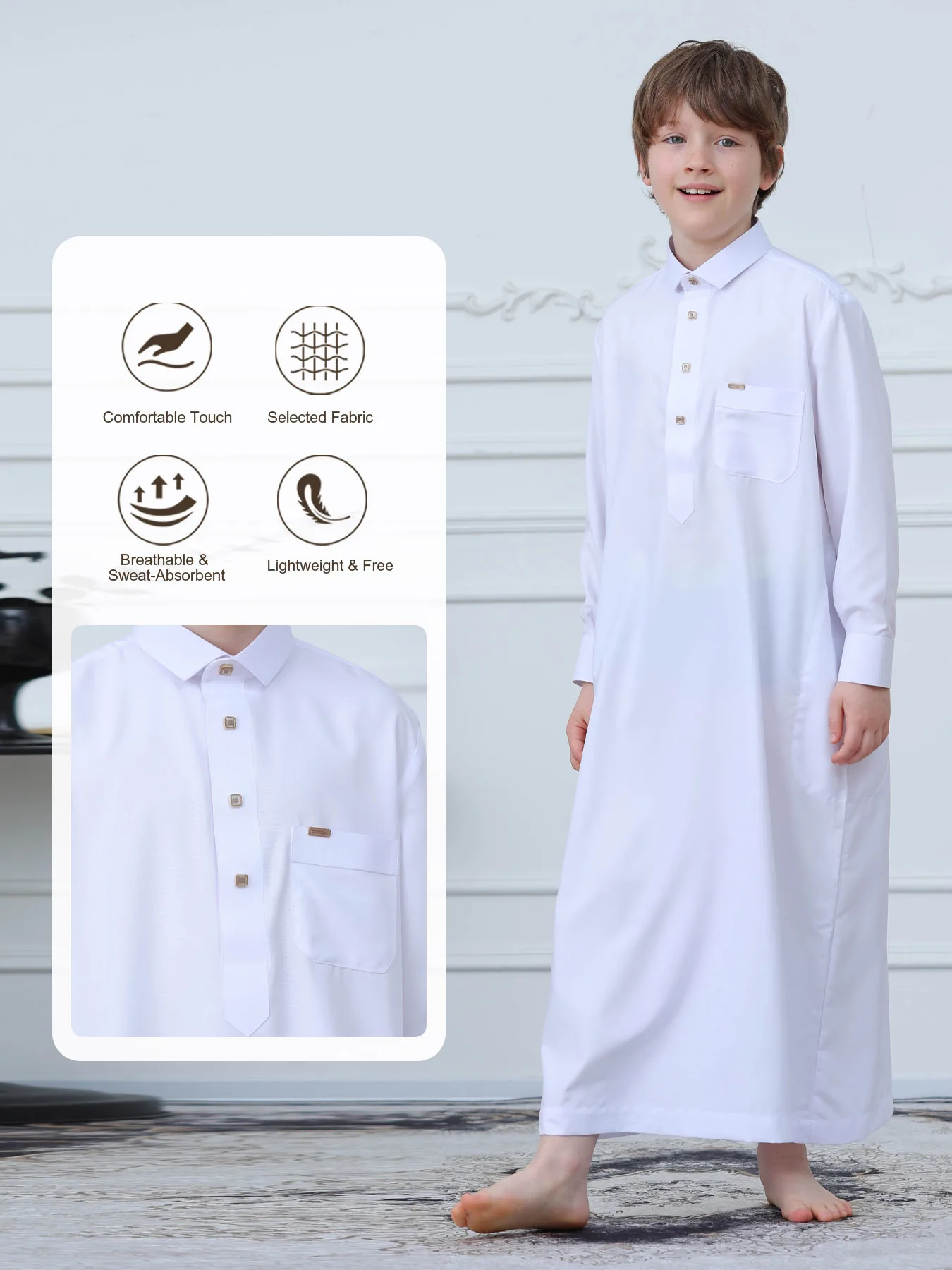

White Djellaba Kids Boy Robe Muslim Dress Jubba Thobe Children Collar Daffah Dishdasha Traditional Islam Clothing Kaftan Thobe